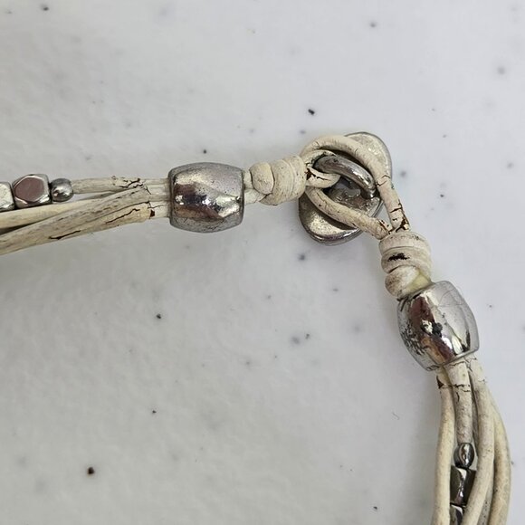 Fossil Leather Cord Bracelet White Silver Tone Beaded Multi Strand Boho - Picture 5 of 8